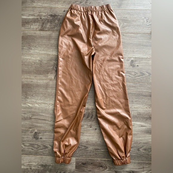 PrettyLittleThing extra high waist faux leather brown/tan joggers size 2 - Picture 7 of 7